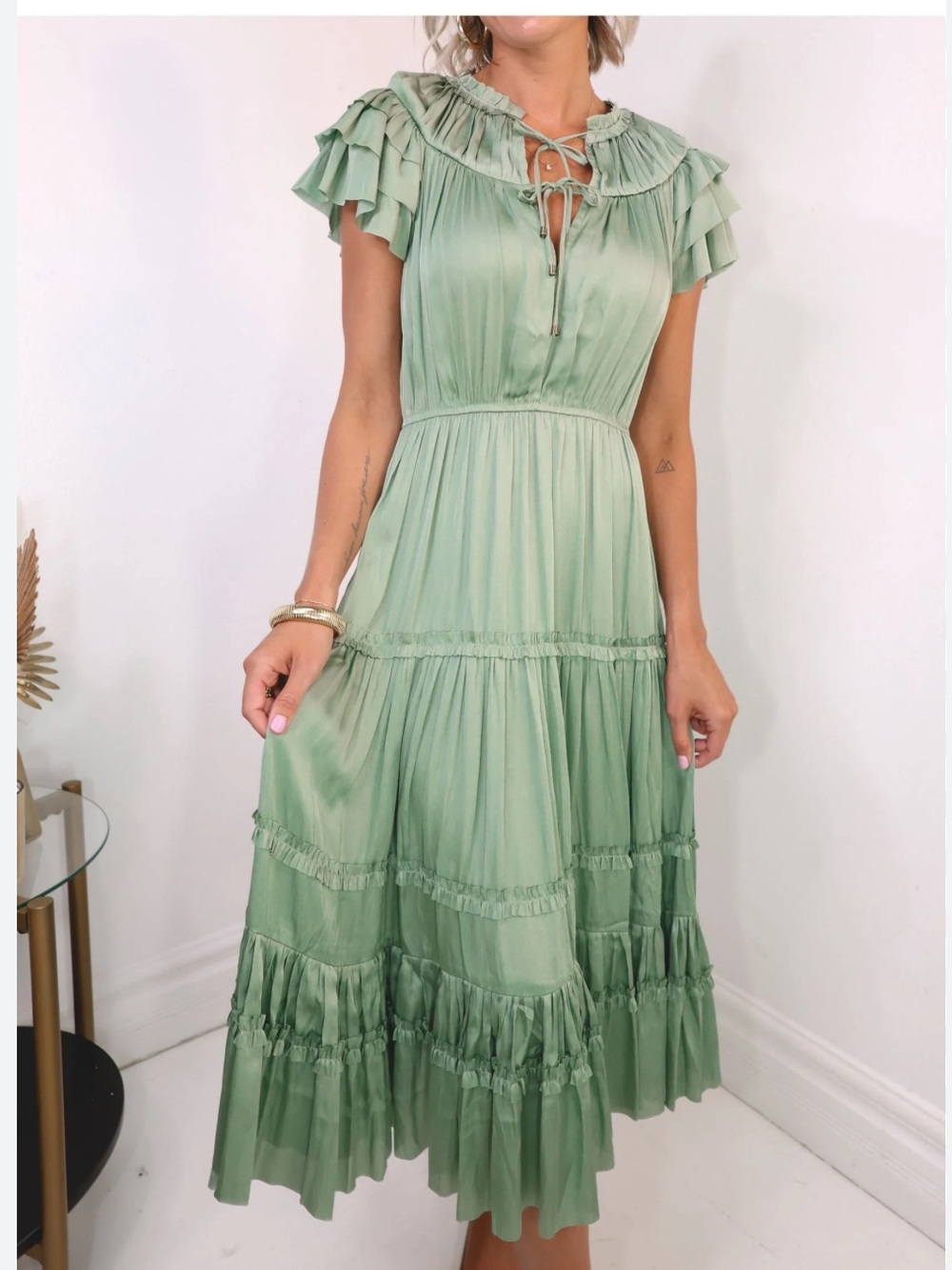 Reset by Jane  Kianna Long Short Sleeve Ruffle Dress sage green S